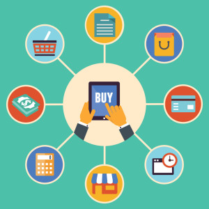 Flat design vector concept of e-commerce symbols, online shopping and buying